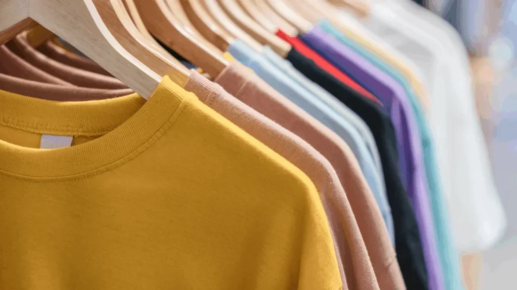A collection of colored shirts on wooden hangers