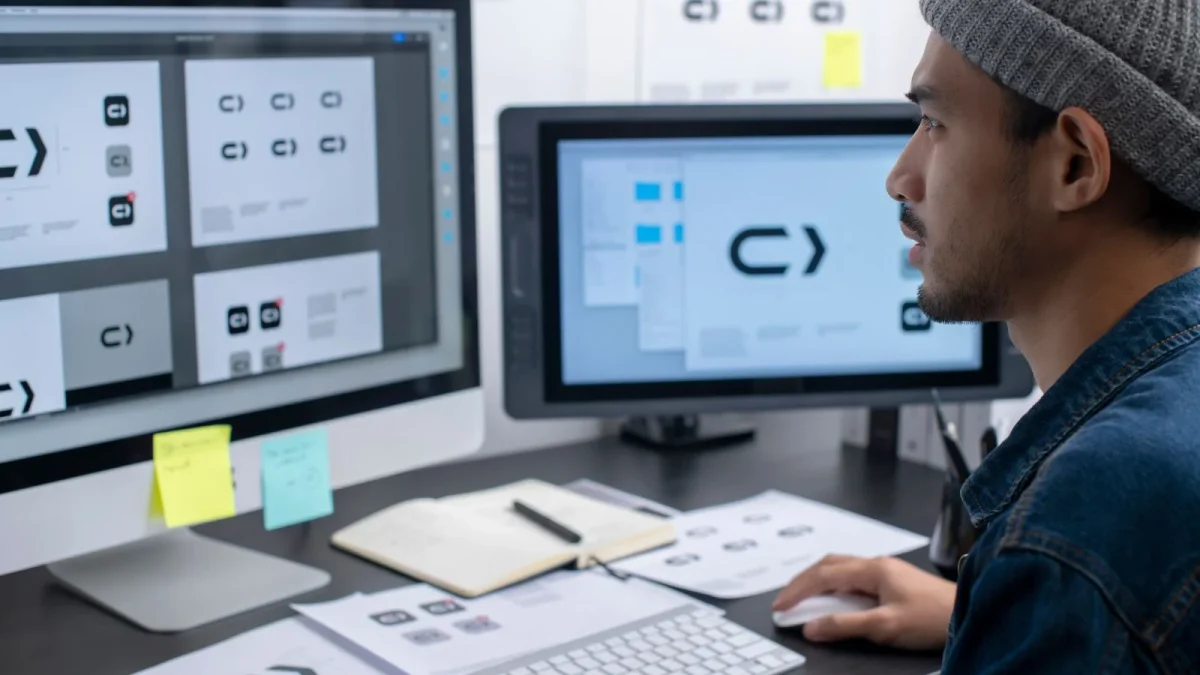 A graphic designer reviewing artwork on multiple screens.