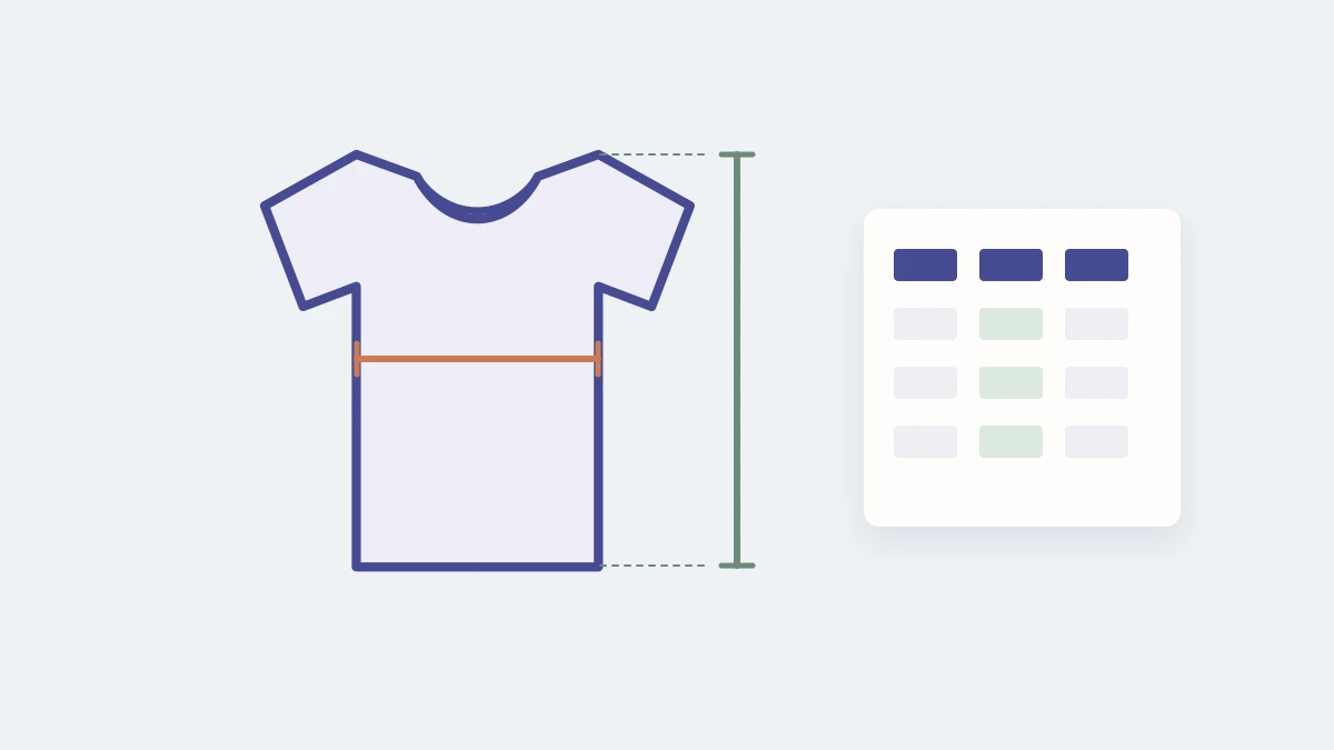 A flat illustrated T-shirt shows capped chest-width and shoulder-to-hem measurement lines beside a size-table symbol.