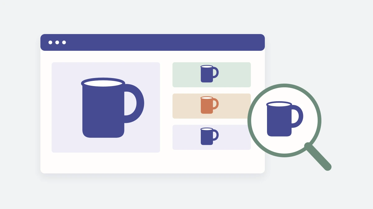 A product image gallery with a main mug view, smaller image tiles and a magnifying lens for inspecting detail.