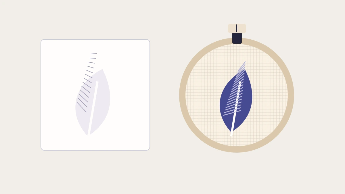 A detailed leaf drawing is compared with a simpler leaf rendered as visible stitches inside an embroidery hoop.
