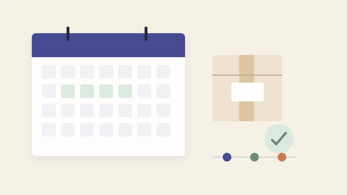 Diagram of a calendar with highlighted planning days beside a parcel and three order-stage markers.