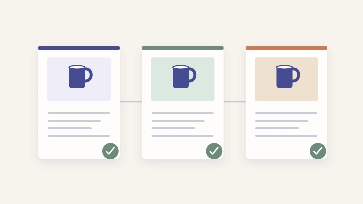 Three illustrated product information cards repeat the same mug and matching specification fields, each with a check.