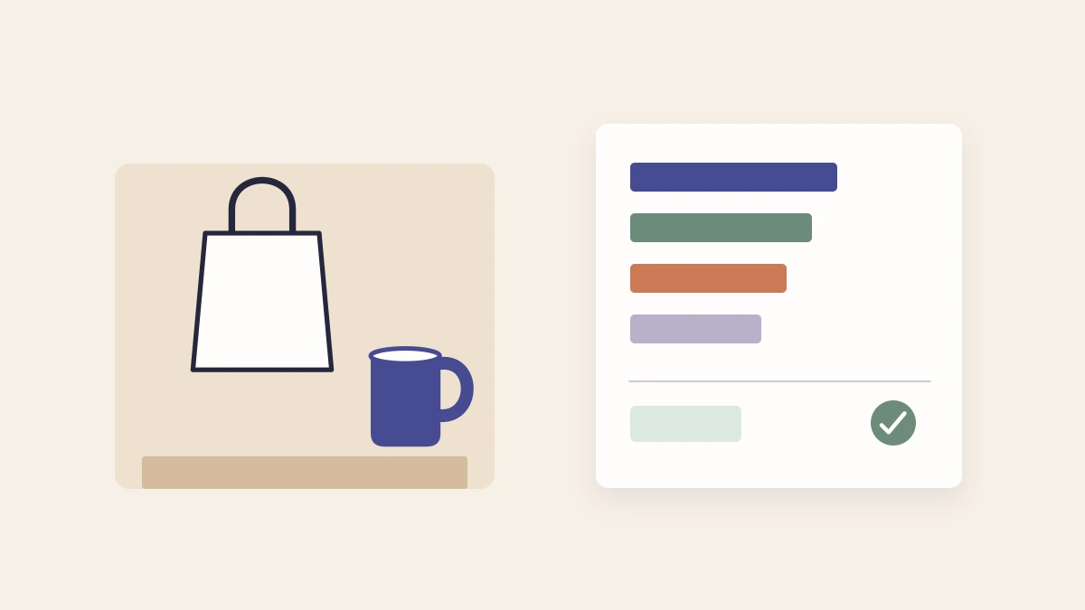 An illustrated tote and mug bundle sits beside separate cost blocks and a remaining contribution block.