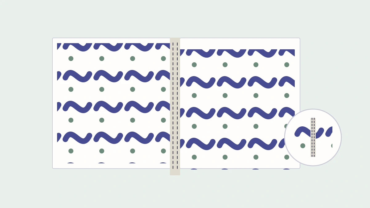 Two illustrated patterned fabric panels meet at a stitched seam, with an enlarged view of the interrupted repeat.