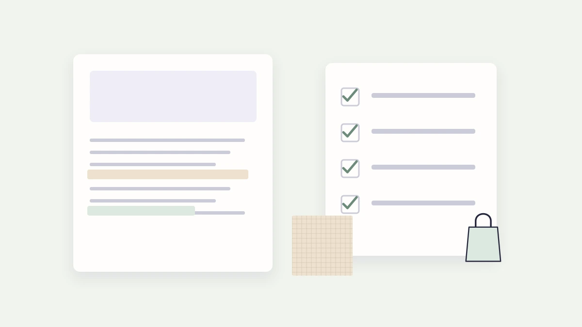 An illustrated description sheet with highlighted statements sits beside a checked fact list and a fabric swatch.