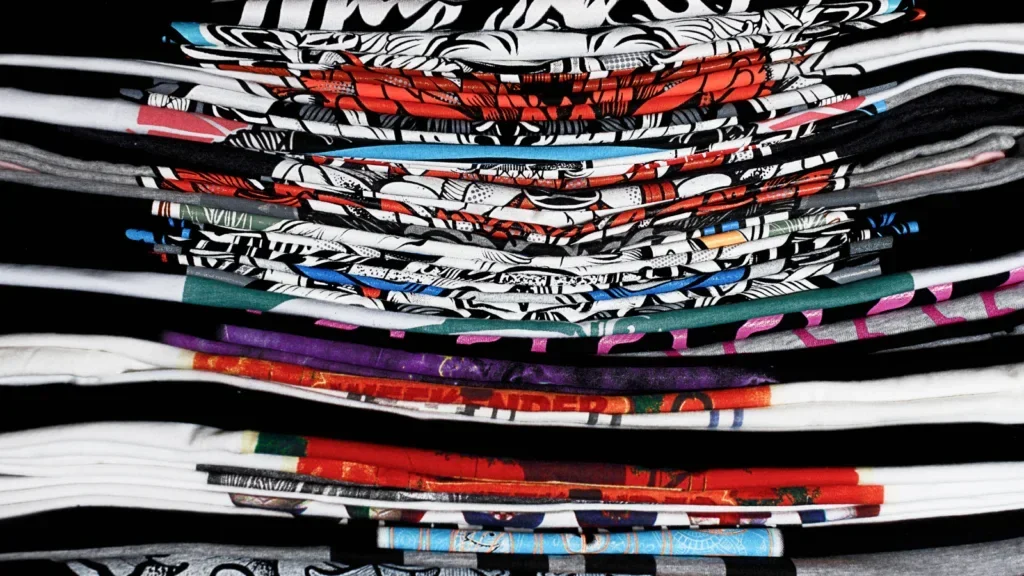 Stacks of printed garments organized for fulfillment.