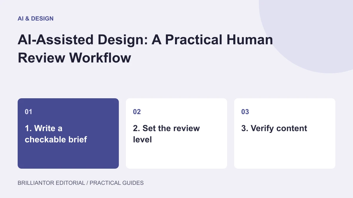Six Human Checks for AI-Assisted Design — an editorial diagram showing 1. write a checkable brief, 2. set the review level, 3. verify content.