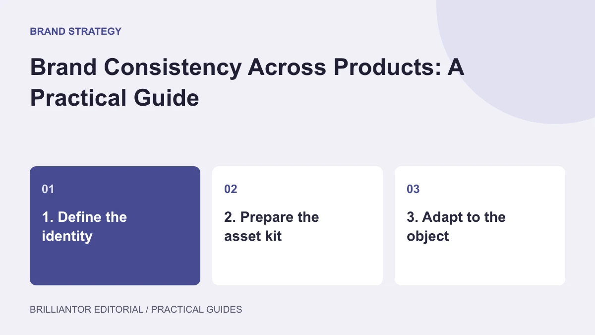 Build a Consistent Product Collection — an editorial diagram showing 1. define the identity, 2. prepare the asset kit, 3. adapt to the object.