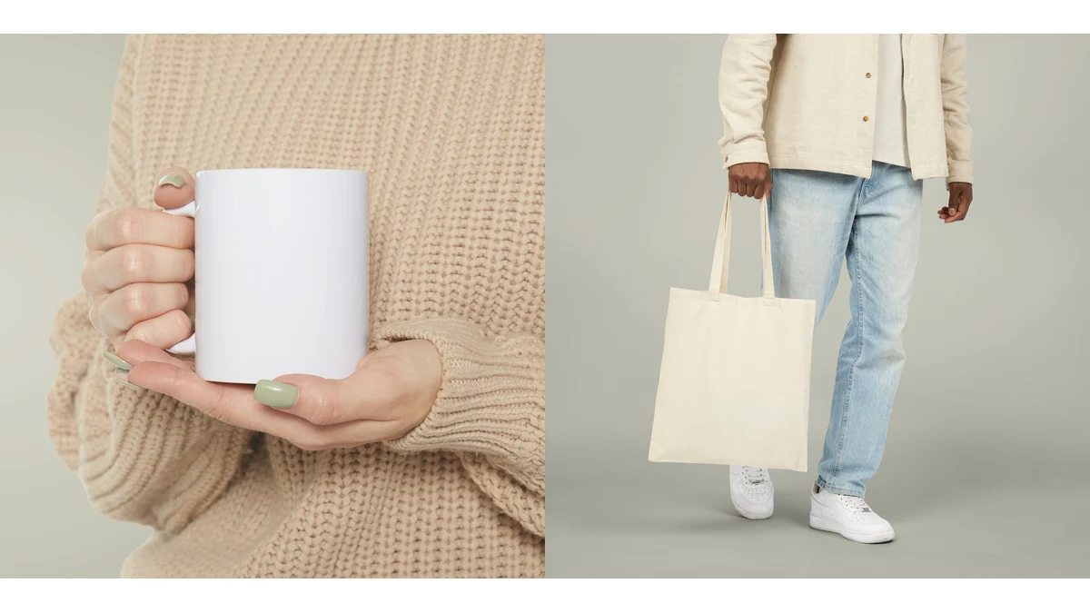 White ceramic mug and cotton canvas tote, shown as separate budget items.