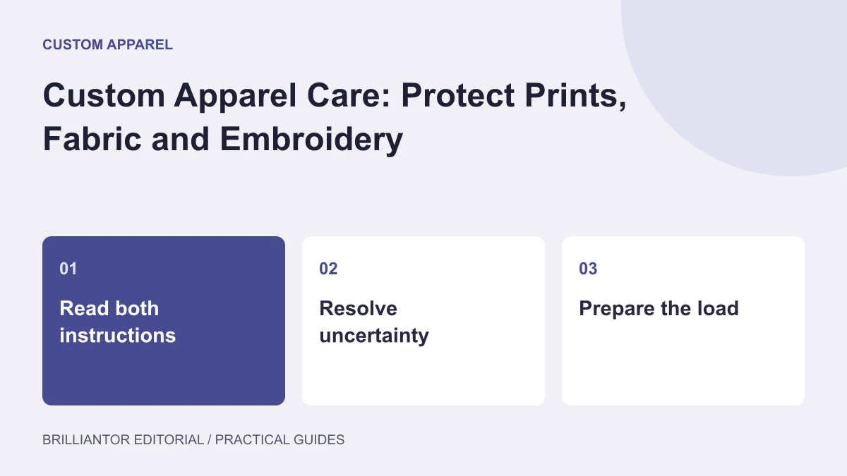 Care for the Whole Customized Garment — an editorial diagram showing read both instructions, resolve uncertainty, prepare the load.