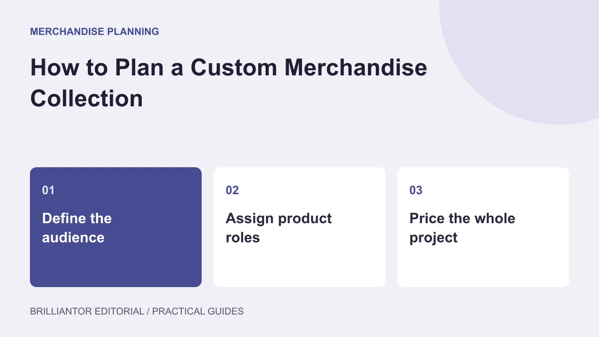 Build a Collection with a Clear Purpose — an editorial diagram showing define the audience, assign product roles, price the whole project.