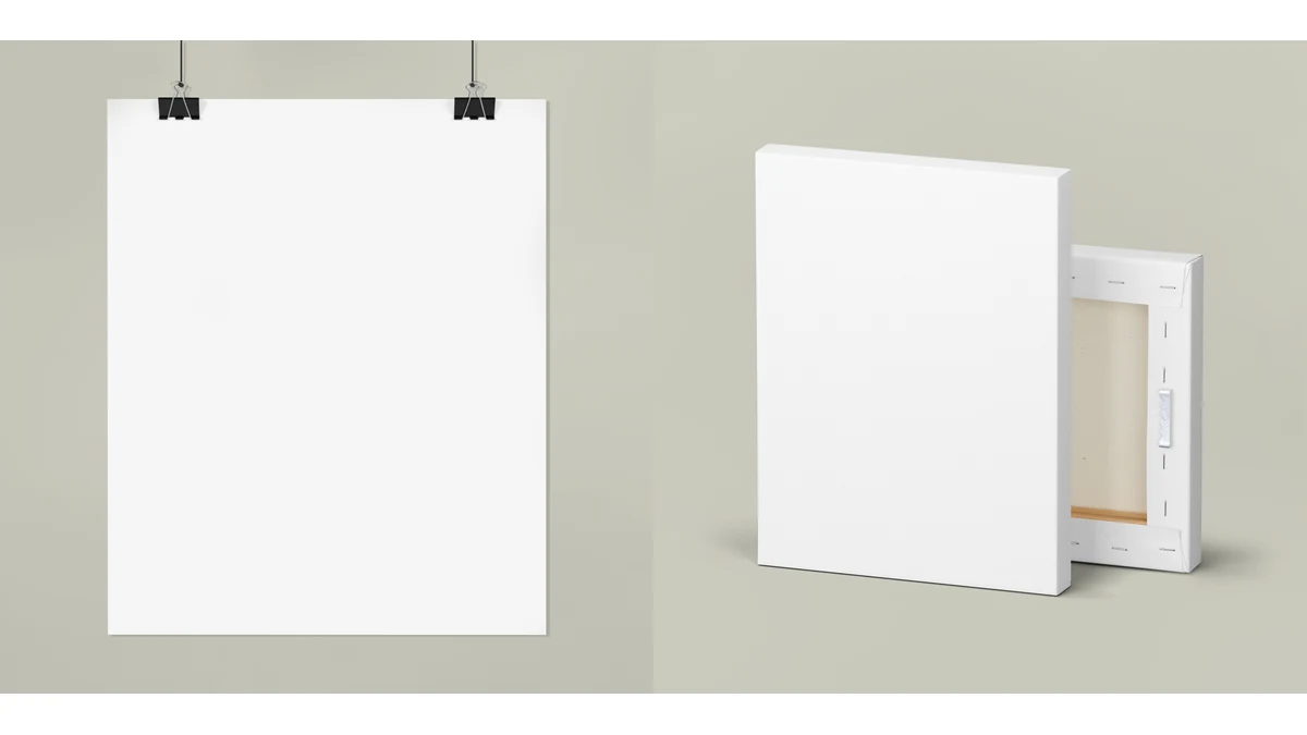 A hanging paper print beside front and rear views of a stretched canvas.