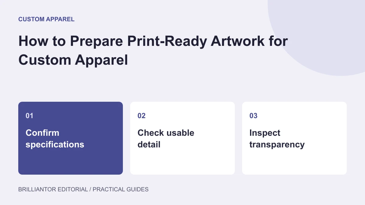 From Artwork to a Clear Production Handoff — an editorial diagram showing confirm specifications, check usable detail, inspect transparency.