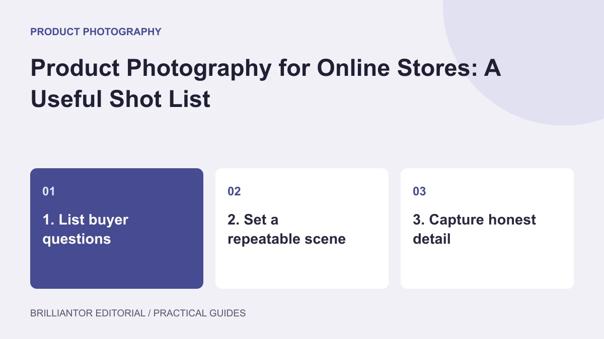 A Question-Led Product Photography Workflow — an editorial diagram showing 1. list buyer questions, 2. set a repeatable scene, 3. capture honest detail.