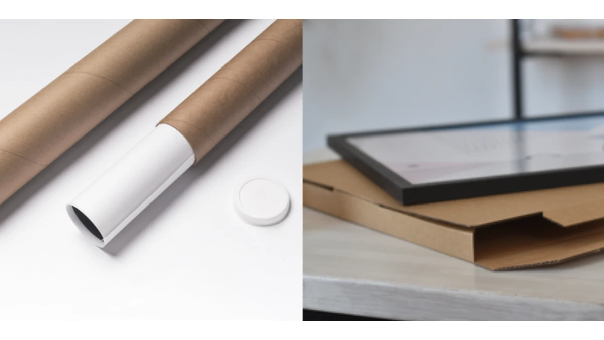 A poster tube with its cap beside a flat framed print resting on cardboard packaging.