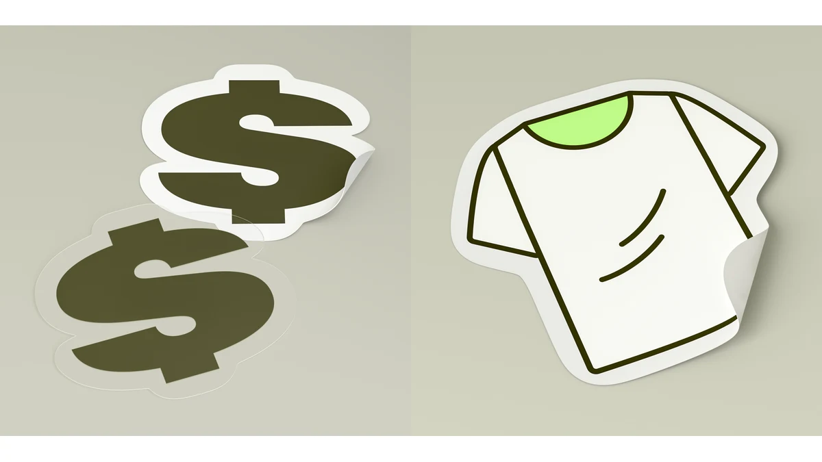 Kiss-cut dollar-symbol stickers beside a shirt-shaped vinyl decal with a white edge.