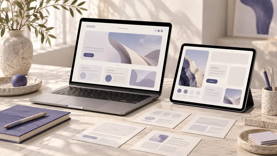 Laptop and tablet displaying coordinated interface layouts beside paper wireframes in a softly lit workspace.