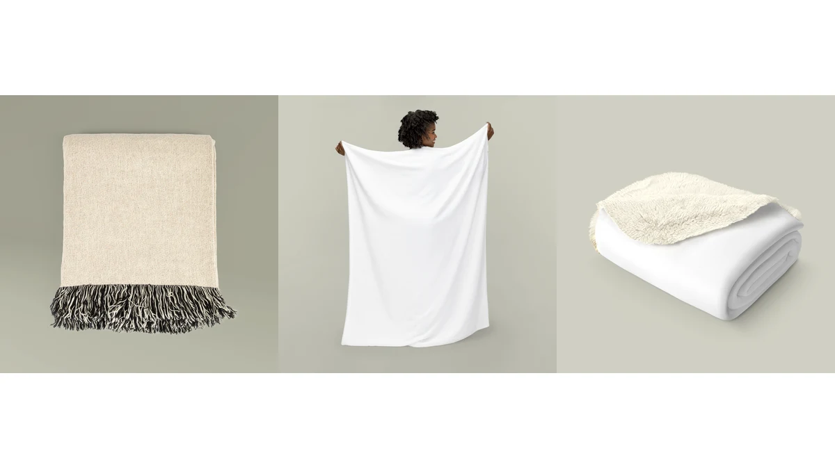 A folded fringed woven blanket, a displayed plush blanket and a folded sherpa fleece blanket.